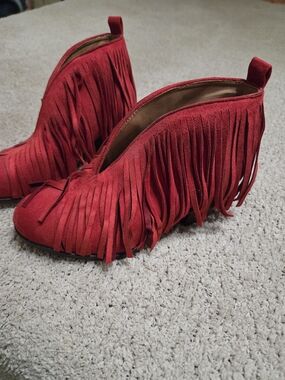 Red Suede Fringe Ankle Booties